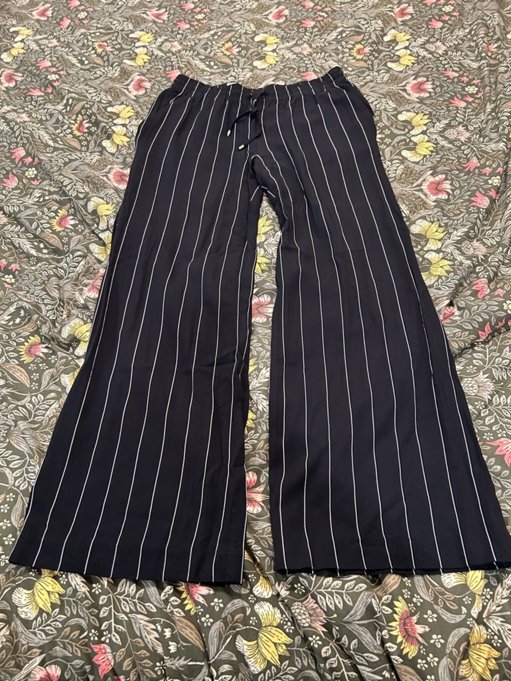 Womens Navy Pinstripe Wide Leg Pants